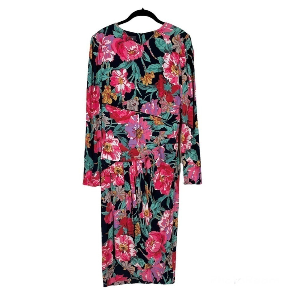 Barbara Barbara Vintage Multicolor Floral Silk Pleated Long Sleeve Dress S